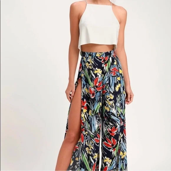 Lulus Pauma Navy Blue Print Wide-Leg Pants Women’s Size Medium NWT - Picture 3 of 13